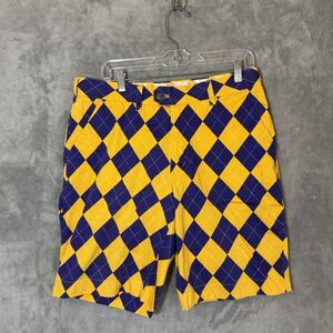 Loudmouth Golf Shorts Men 34 Purple Yellow Argyle Diamond Pattern Stretch READ